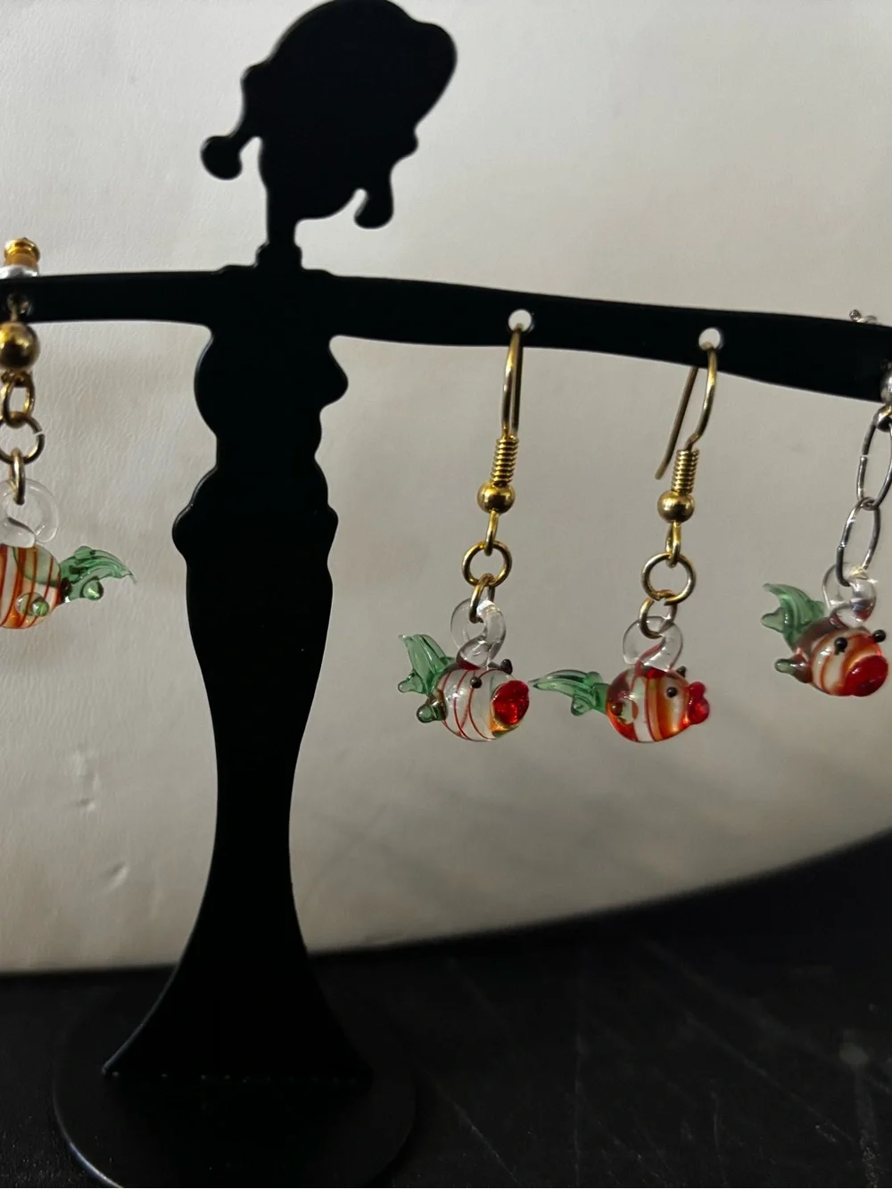 Handmade Glass Fish Drop Earrings - Green & Orange kissing fish